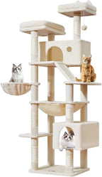 Taoqimiao Cat Tree, 71 in Extra Large Cat Tower for Inddor Cats, MS026LM | 2 Large Cat Condos, 2 Cute Perches, Metal Frame Cozy Hammock, Durable Scratch Board, 8 Natural Sisal Posts, Basket, Beige