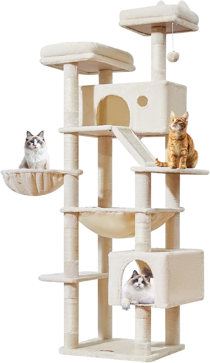 Taoqimiao Cat Tree, 71 in Extra Large Cat Tower for Inddor Cats, MS026LM | 2 Large Cat Condos, 2 Cute Perches, Metal Frame Cozy Hammock, Durable Scratch Board, 8 Natural Sisal Posts, Basket, Beige