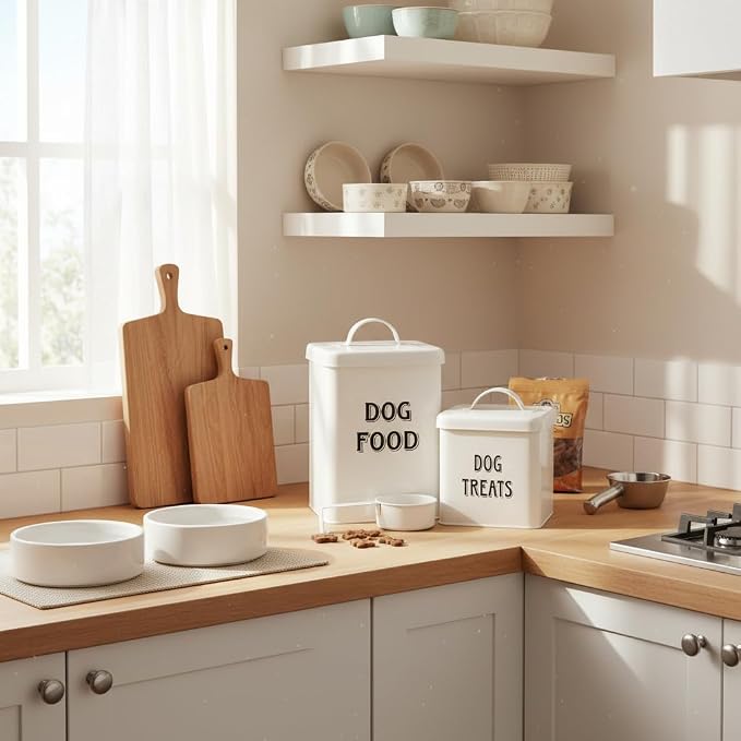 Morezi Farmhouse Dog Food Storage Container with Lid and Scoop, Pet Food and Treats Holder, Sturdy Canister Tins for Kitchen Countertop and Shelf, Great Gift for Pet Owners, 5 lbs