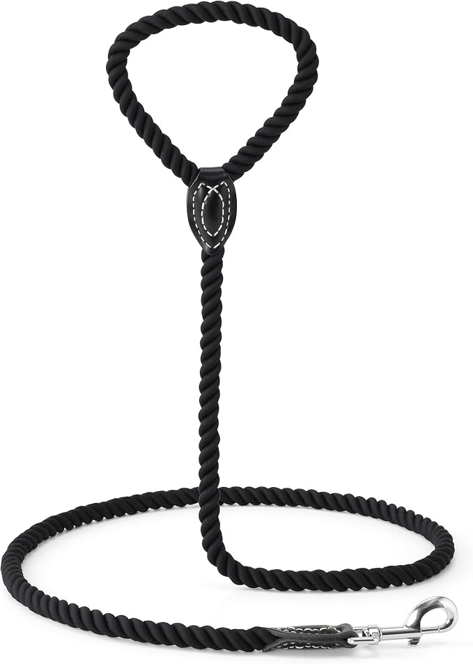 Mile High Life Dog Leash Braided Cotton Rope with Leather-Reinforced Ends | Rust-proof 360° swivel clasp, Heavy-duty for medium/large breeds. Great for weddings, daily walks (4 FT, 1/2", Black)