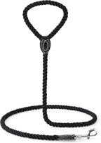 Mile High Life Dog Leash Braided Cotton Rope with Leather-Reinforced Ends | Rust-proof 360° swivel clasp, Heavy-duty for medium/large breeds. Great for weddings, daily walks (4 FT, 1/2", Black)