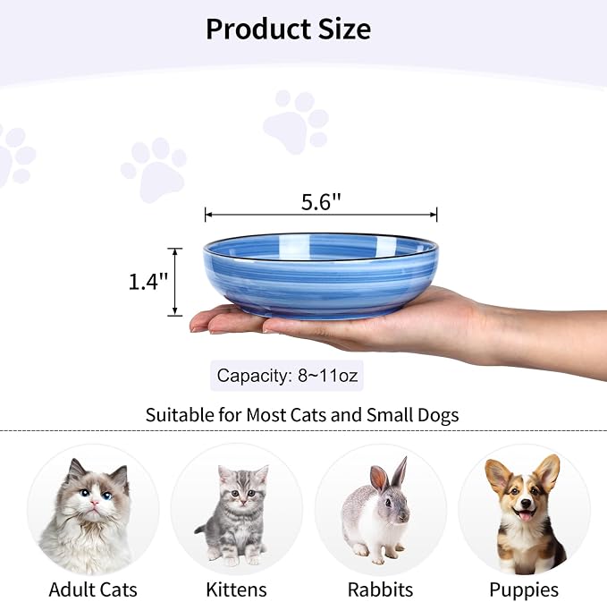Selamica Ceramic Cat Food Bowl, 5.6 Inch Wide Shallow Cat Bowls/Dishes for Food and Water, Whisker Friendly, Set of 6, Gradient Blue