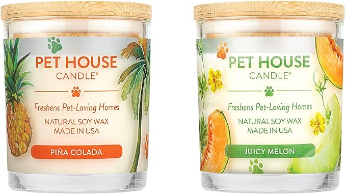 Pet House Candles, Long Lasting, Air Freshening, Scented Candles for Pet Odor, 60 Hour Burn Time - Pina Colada and Juicy Melon, 9 oz, 2 Pack