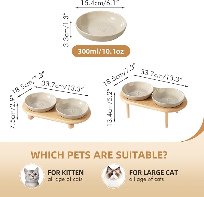 Havniva Elevated Cat Bowls, Raised Cat Bowl Ceramic Cat Dishes with Stand | Raised Cat Food Bowls, Whisker Friendly, 6” Shallow Cat Dishes, Wide Cat Plates, Non-Slip Wood Stand, Two Heights