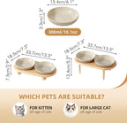 Havniva Elevated Cat Bowls, Raised Cat Bowl Ceramic Cat Dishes with Stand | Raised Cat Food Bowls, Whisker Friendly, 6” Shallow Cat Dishes, Wide Cat Plates, Non-Slip Wood Stand, Two Heights