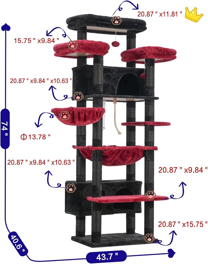 Gitelsnour Cat Tree, 74" Tower for Large Cats, Big Condo Hammock CCT030BR | Heavy duty, 3 Big Platforms, 2 Baskets, 2 Condos, Multi-Level Cat Scratching Posts, Indoor Cats Large Adult, Black and red