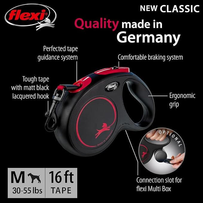 FLEXI® New Classic Tape Retractable Dog Leash, Medium 16ft -Black Red | German engineered, original flexi leash, durable quality, dogs up to 30-55 lbs, tangle-free, walking, reliable brake system