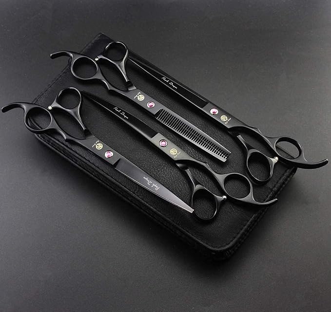 Purple Dragon 7.0 inch Dog Grooming Scissors Set with Silencer - Black | 4PCS Pet Grooming Shears Kit with Straight, Curved, Thinning Blade, Comfortable Grip, Japanese 440C Steel, Gift for Groomers