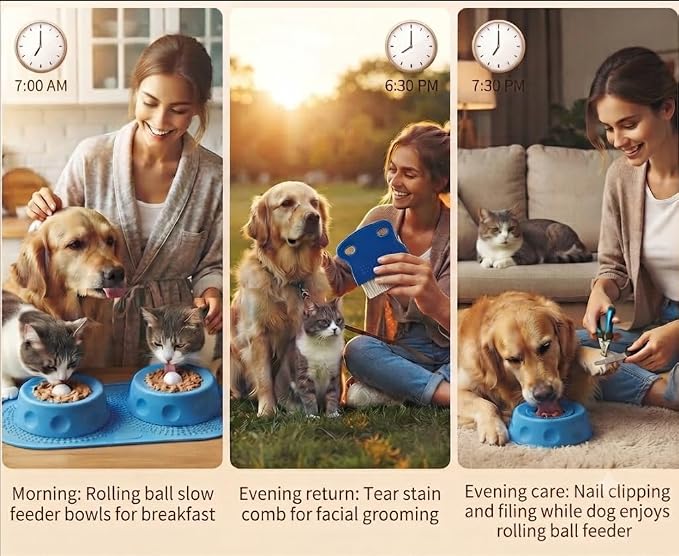 BPA Free Rolling Ball Slow Feeding and Licking Bowl Feeding and Care kit | Pet grooming comb nail clipper kit suitable for small and medium-sized dogs and cats, non slip dishwasher safe, blue