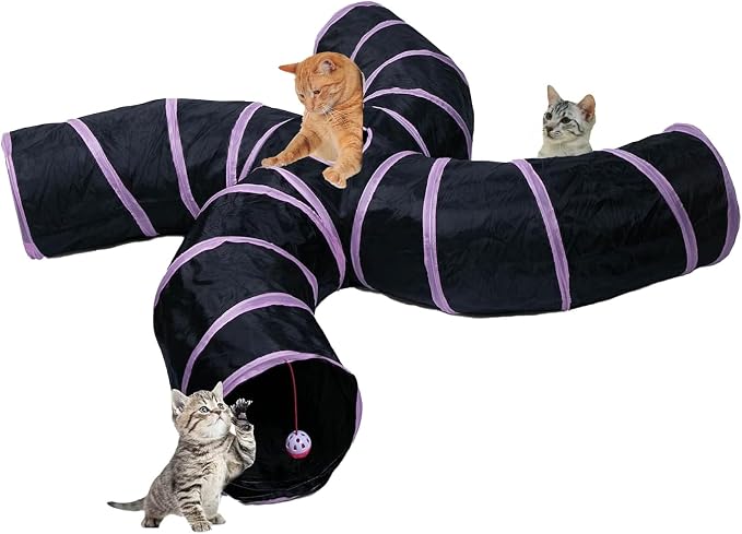 EGETOTA Cat Tunnel for Indoor Cats Large, with Play Ball S-Shape 4 Way Collapsible Interactive Peek Hole Pet Tube Toys, Puppy, Kitty, Kitten, Rabbit (S4 - Black & Pink)
