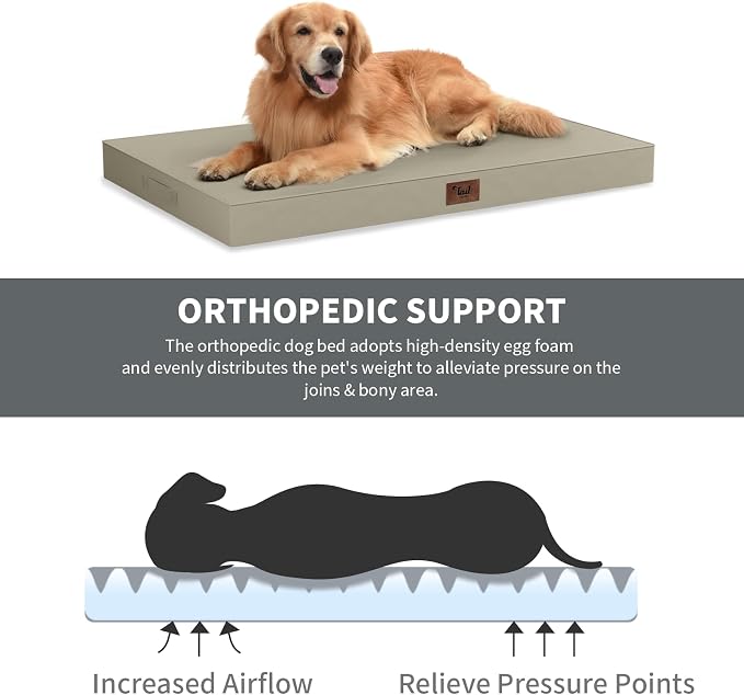 Waterproof Orthopedic Outdoor Dog Bed XL for Extra Large Dogs | Egg Crate Foam for Joint Support, TPU Waterproof Layer, Machine Washable 1680D Oxford Cover, 44 x 32 Inch, Up to 90 lbs