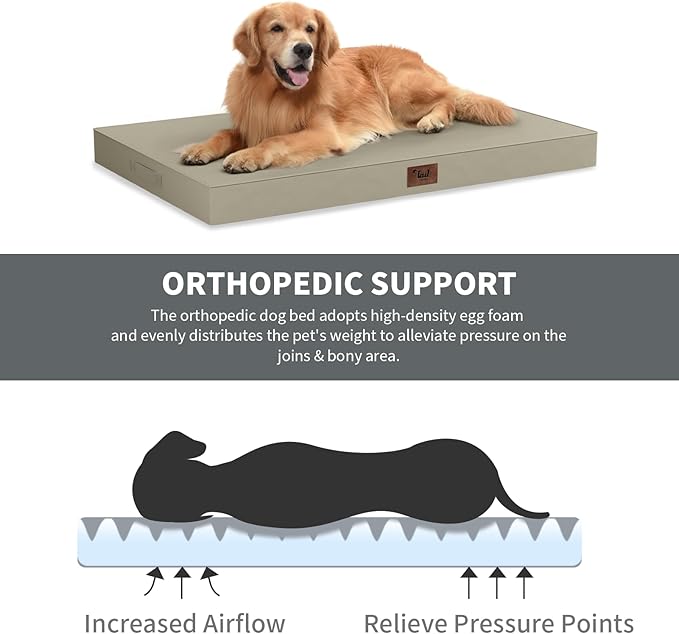 Outdoor Waterproof Orthopedic Dog Bed for Medium Size Dogs | Egg Crate Foam for Joint Support, Fits 36x23 Crates, TPU Waterproof Layer, Machine Washable 1680D Oxford Cover, Up to 50 lbs