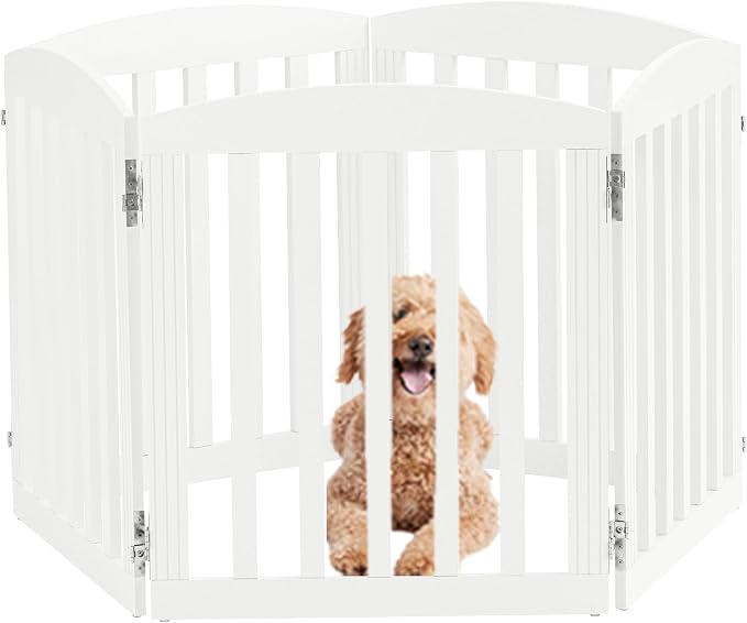 SPIRICH 120" Extra Wide 28" Tall Dog Gate Indoor, Dog Gates for Doorways, Stairs, The House, Wooden Freestanding Foldable Pet Gate, Step Over Puppy Gate, 5 Panels, White