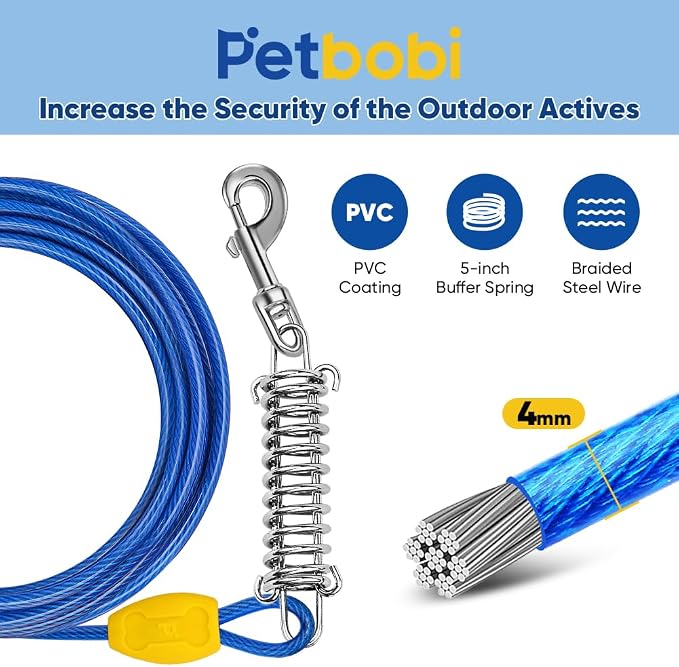 Petbobi Dog Tie Out Cable and Stake, 10ft Heavy Duty Dog Leads for Yard | 4in Shock Spring, 16in Spiral Ground Anchor, 360° No-Tangle Swivel, Chew-Proof Rustproof Wire, Up to 120 lbs, Outdoor Camping
