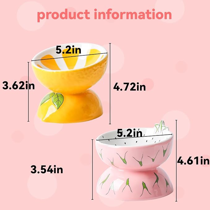 Hamiledyi Ceramic Raised Cat Bowl Anti Vomiting Elevated Tilted Cat Food & Water Bowls 2PCS Pet Feeder Dish for Indoor Kitty and Small Dogs(Lemons & Pitaya)