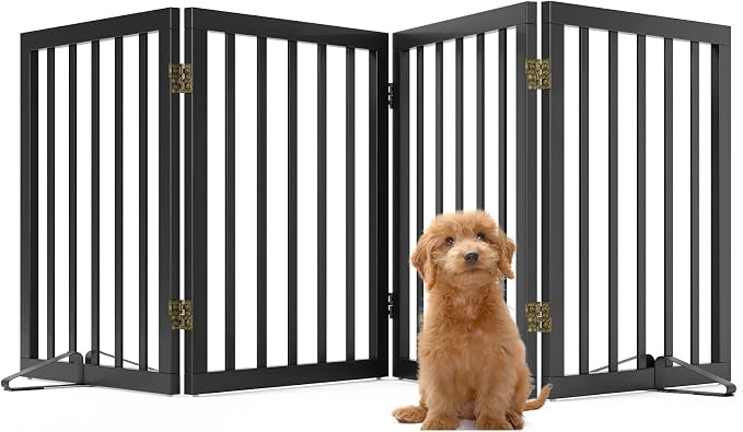 Black 37-74" Dog Gate Foldable Dog Gates for Doorways Stairs House Freestanding Pet Gate Puppy Barries 24 inches Tall