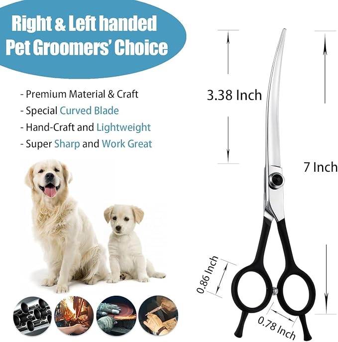Curved Dog Grooming Scissors 7 Inch Pet Trimming Shears | Professional Safety Shears, Downward Curved Design, for Trimming Face and Paws, for Dogs and Cats, Sharp & Precise, Black