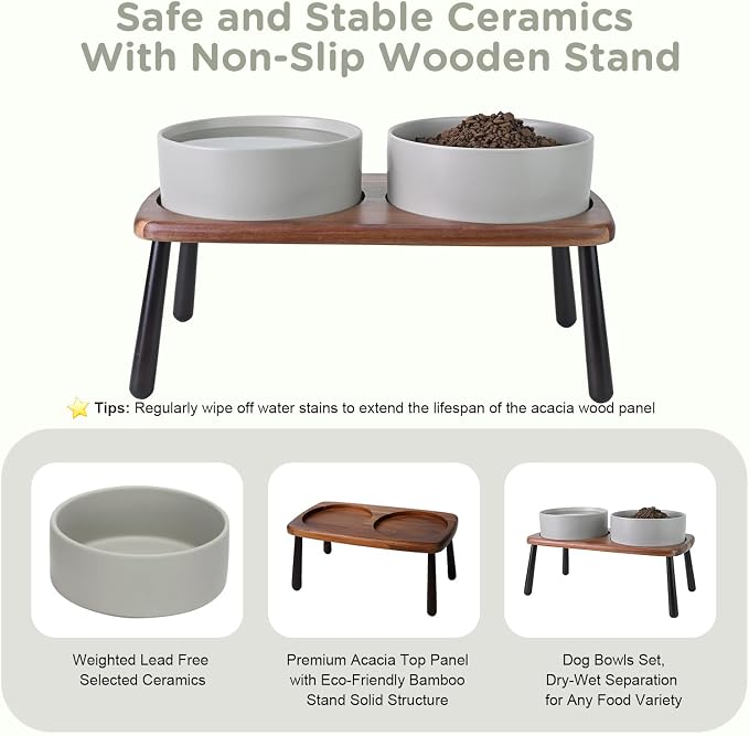 SPUNKYJUNKY Ceramic Elevated Dog Bowls Raised with Acacia Bamboo Wooden Stand, 8.3'' Dog Food Water Bowls Set Non-Slip for Medium Large Sized Breed Microwave Dishwasher Safe - 60 OZ,Grey