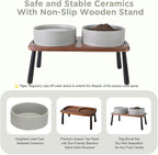 SPUNKYJUNKY Ceramic Elevated Dog Bowls Raised with Acacia Bamboo Wooden Stand, 8.3'' Dog Food Water Bowls Set Non-Slip for Medium Large Sized Breed Microwave Dishwasher Safe - 60 OZ,Grey