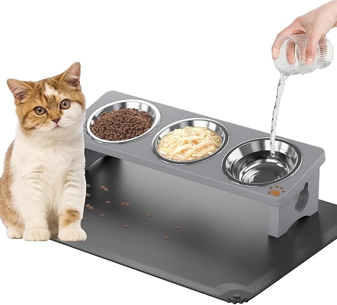 Elevated Cat Bowls with 3 Stainless Steel Bowls | 15° Tilted Anti-Vomiting Raised Cat Food Bowl with Solid Wood Stand and Silicone Pad for Cats and Small Pets Bowl(Slate Grey)