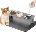 Elevated Cat Bowls with 3 Stainless Steel Bowls | 15° Tilted Anti-Vomiting Raised Cat Food Bowl with Solid Wood Stand and Silicone Pad for Cats and Small Pets Bowl(Slate Grey)