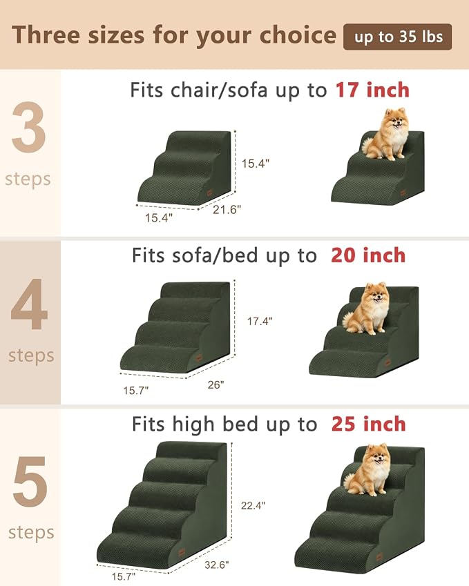 Aodisman Dog Steps for Bed or Couch,4 Step Pet Stairs for Small Dogs & Cat | Curved dog ramp help small dogs, senior cats and puppies get on and off couches and beds, non-slip bottom, 17.4" H,Green