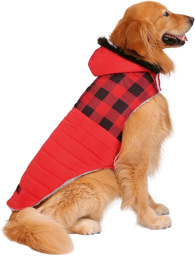 HDE Dog Puffer Jacket Fleece Lined Warm Dog Parka Winter Coat with Harness Hole Buffalo Plaid - L