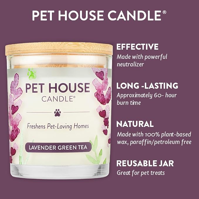 Pet House Candle Value Pack - Plant-Based/Soy - Clean Burning Scented, Long Lasting Pet Odor Candle for Home - Lavender Green Tea