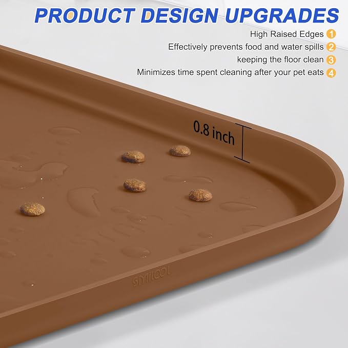 SMILOOL Silicone Pet Food Mat with Raised Edge for Food and Water Bowl, Dog Feeding Mats, Cat Food Trays for Floor Waterproof, Rubber Tray for Dogs and Cats, 24 x 16 x 0.8 Brown