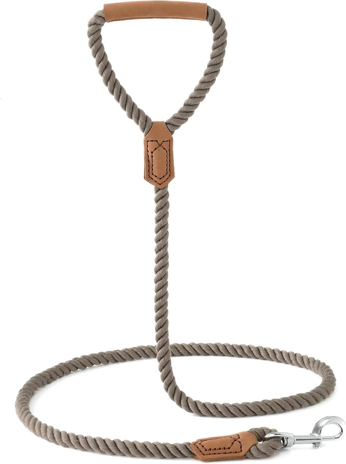 Mile High Life Dog Leash Braided Cotton Rope w/Leather-Wrapped Ends/Handle | Rust-proof 360° swivel clasp, Heavy-duty for medium/large breeds. Great for weddings, daily walks (5 FT, 1/2", Black)