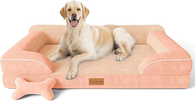 CWAWZ Jumbo Dog Bed for Extra Large Dogs, Orthopedic Dog Bed with Cooling Gel Memory Foam, Waterproof Pet Bed with Removable Washable Cover, 45" Pet Sofa Couch Dutch Velvet with Bone Toy, Peach Pink
