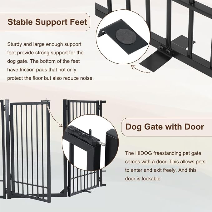 Metal Freestanding Dog Gate with Door, Extra Wide 81", 31" Height Foldable Dog Gates for Doorways, Tall Pet Fence Indoor Pet Gates, 4 Panels Pet Barrier for Stairs Hallways, Black