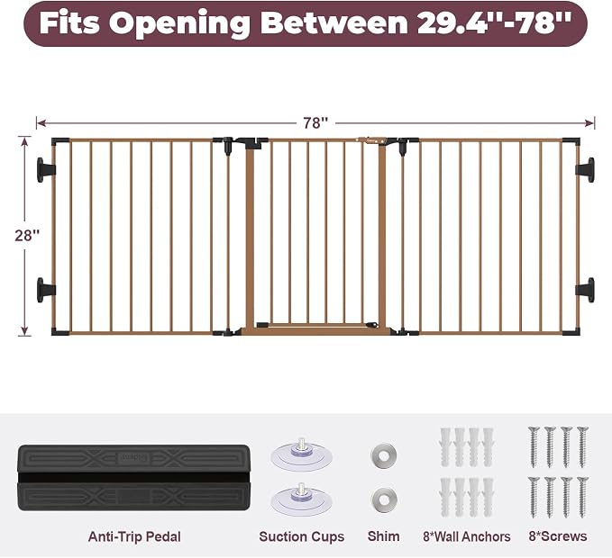 29.4-78" Extra Wide Baby Gate, Long Dog Gates Indoor for Stairs | Essential Large Gate for Child Toddler with Anti-Trip Pedal, Adjustable Pet Gate for Doorways, 28" Tall 3 Metal Panels Brown