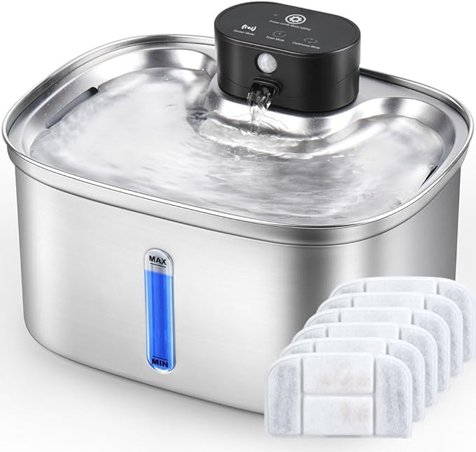 Wireless Cat Water Fountain Stainless Steel, 5L/169oz Automatic Pet Water Dispenser with 5000mAh Battery, 3 Modes (Sensor/Timer/Continuous), Ultra Quiet Pump & 6 Replacement Filters for Cats & Dogs
