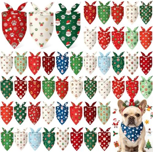 Preboun 50 Pcs Chriastmas Paw Print Dog Bandanas Bulk, Xmas Party by Preboun