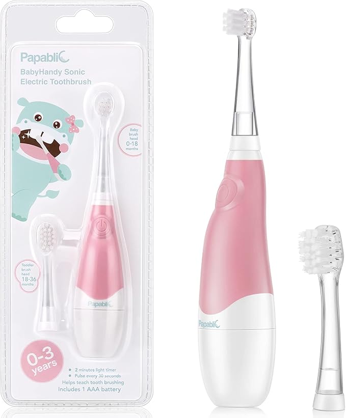 Papablic BabyHandy 2-Stage Sonic Electric Toothbrush for Babies and Toddlers Ages 0-3 Years, Pink | BabyHandy 2-Stage Toddler Electric Toothbrush for Babies and Toddlers Ages 0-3 Years