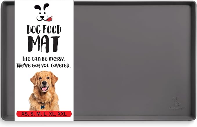 DogBuddy Dog Food Mat – Waterproof Dog Bowl Mat for Food and Water, Silicone Pet Feeding Mats for Floors, Non-Slip Placemat with High Edges for Dogs Bowls, Puppy Essentials (Small: 19"x12", Shadow)