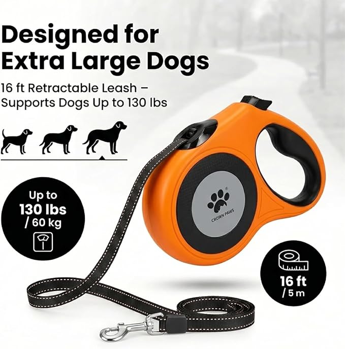 16 ft Retractable Dog Leash for Extra Large Dogs up to 130 lbs,Tangle-Free Nylon Tape,Orange Dan24 XL
