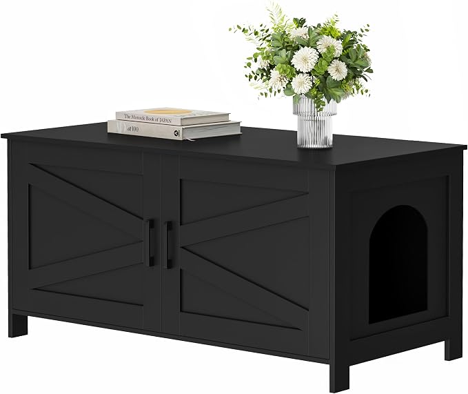Homhedy 39.4" L Cat Litter Box Enclosure with Barn Door, Black | Wooden Cat Washroom Furniture, Cat House, Pet Storage Cabinet, Dog-Proof, Fit Most of Litter Box, Farmhouse Style
