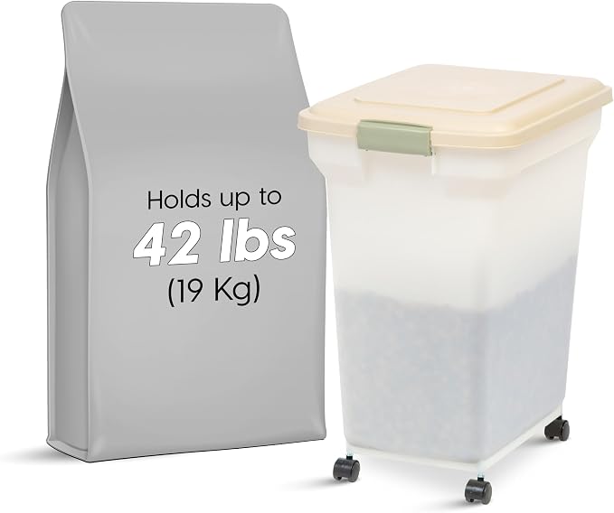 IRIS USA Dog Food Storage Container, Up to 40lbs, Almond/Pearl, Made in USA | Wheels for Mobility, Airtight Seal, BPA-Free, Best for Bird Seed, Cat food, Cat Litter, Chicken Feed, Pellets