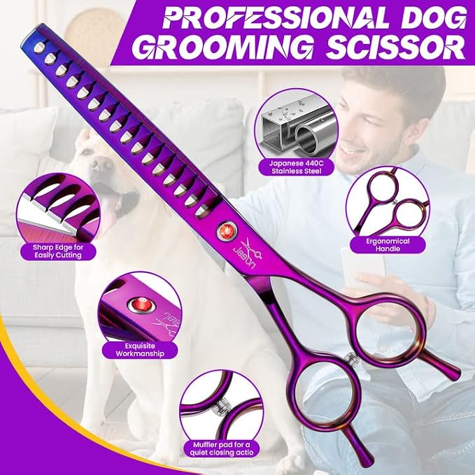 JASON Dog Grooming Chunker Scissor - 7" Professional Hair Shears Purple | Ergonomic Handle Japanese Stainless Steel, for Dogs, Cats and Other Pets, Sharp, Gift