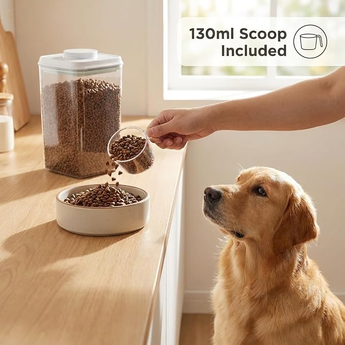 Dog Food Storage Container, 4L/4.2 Qt Airtight Pet Canister with One-Touch Lid, 130ml Scoop, BPA-Free Stackable Clear Kibble Holder for Kibble, Cat Food and Treats