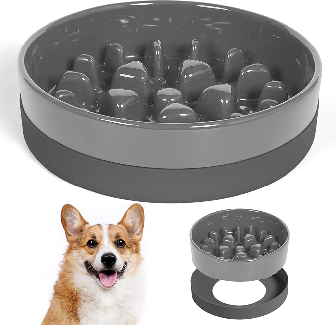Sted Ceramic Slow Feeder Dog Bowls with Silicone Base | Slow Feeding Dog Bowl Small Medium Breed, Dog Food Bowls for Fast Eaters, Slow Down Eating, Puzzle Dog Food Bowl, Maze Grey