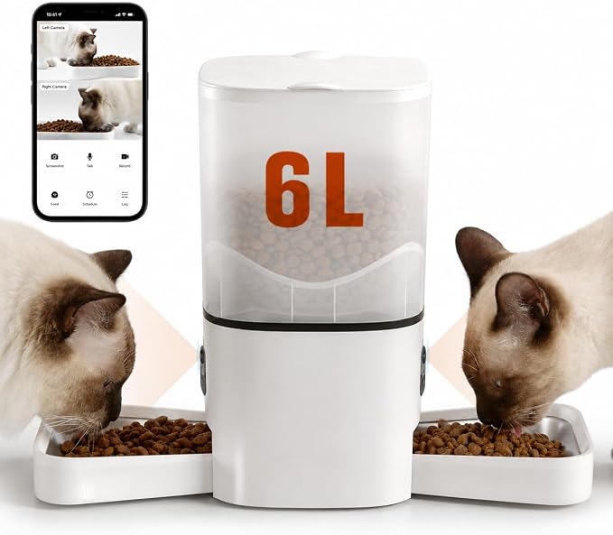 Automatic Cat Feeder with Dual HD Cameras for 2 Cats, Smart WiFi Pet Feeder with APP Control, Timed Feeding & Portion Control, 2-Way Audio, Night Vision, 5GHz/2.4GHz WiFi, 6L