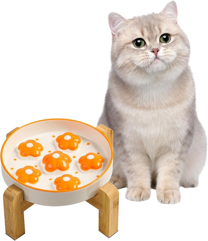 Elevated Ceramic Slow Feeder Cat Bowl with Anti-Slip Bamboo Stand | 6.3" Wide Whisker Friendly, Slow Eating 3x, Dry & Wet Food, Cute Flower-Shaped Maze, Microwave & Dishwasher Safe, Orange