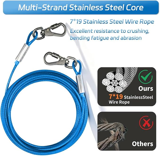 Dog Tie Out Cable - Chew Proof Steel Wire Lead - 360° Tangle Free Outdoor Leash for Pups - Dog Runner Cable for Small to Medium Dogs (Blue, 45lbs/10ft)
