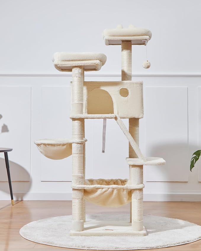 Taoqimiao Sturdy Cat Tree, 58In Cat Tower for Indoor Cats Large Adult | Spacious Cat Condo, 2 Cute Perches, Metal Frame Cozy Hammock, 1 Scratch Board, 8 Natural Sisal Posts, Basket, Beige, MS026M