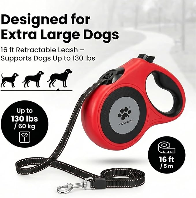 16 ft Retractable Dog Leash for Extra Large Dogs up to 130 lbs,Tangle-Free Nylon Tape,Red Dan24 XL