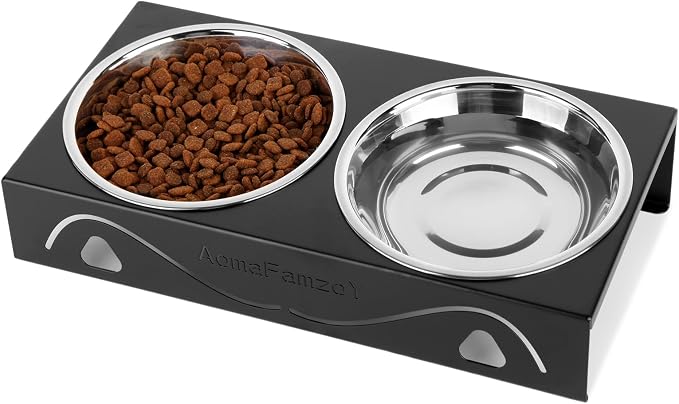 All-Metal Cat Food Bowl Raised, 5.5" WideTilted Whisker-Fatigue Pet Dish, Anti-Vomiting, 2 Stainless Steel Bowls for Food Water, Non-Slip Elevated Cat Feeding Stand for Indoor Multi Cats,Puppy, Black