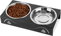All-Metal Cat Food Bowl Raised, 5.5" WideTilted Whisker-Fatigue Pet Dish, Anti-Vomiting, 2 Stainless Steel Bowls for Food Water, Non-Slip Elevated Cat Feeding Stand for Indoor Multi Cats,Puppy, Black